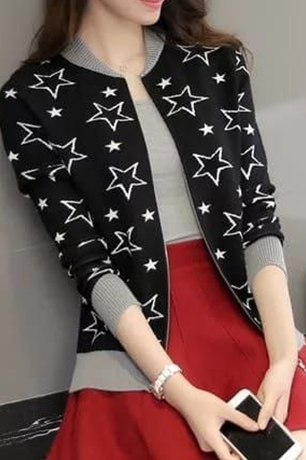 Women's Star Printed Zipper Jacket - Black