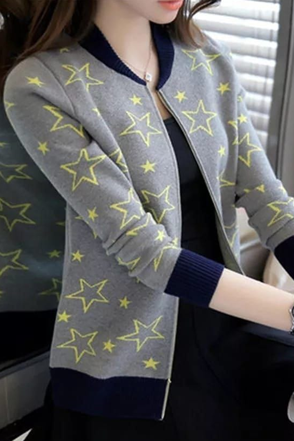 Women's Star Printed Zipper Jacket - Grey